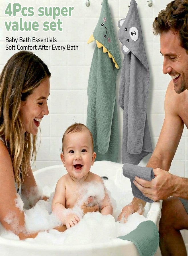 CandyHome مجموعة مناشف أطفال موسلين من كاندي هوم، 4 قطع، قطن 100%، تتضمن منشفتين بغطاء رأس مقاس 32×32 بوصة مع قطعتين قماش للوجه مقاس 10×10 بوصة، فائقة النعومة والامتصاص، مثالية كهدية للأطفال الرضع والصغار، بتصميم ديناصور ودب. - Image 5